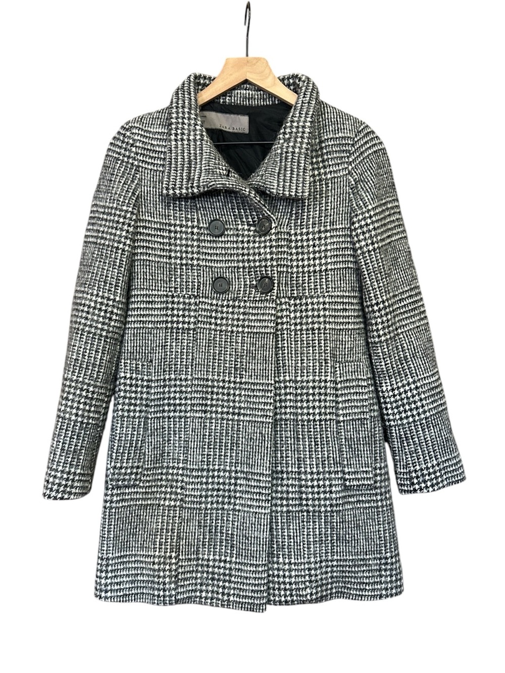 ZARA Black White Houndstooth Double Breasted Peacoat Size XS
